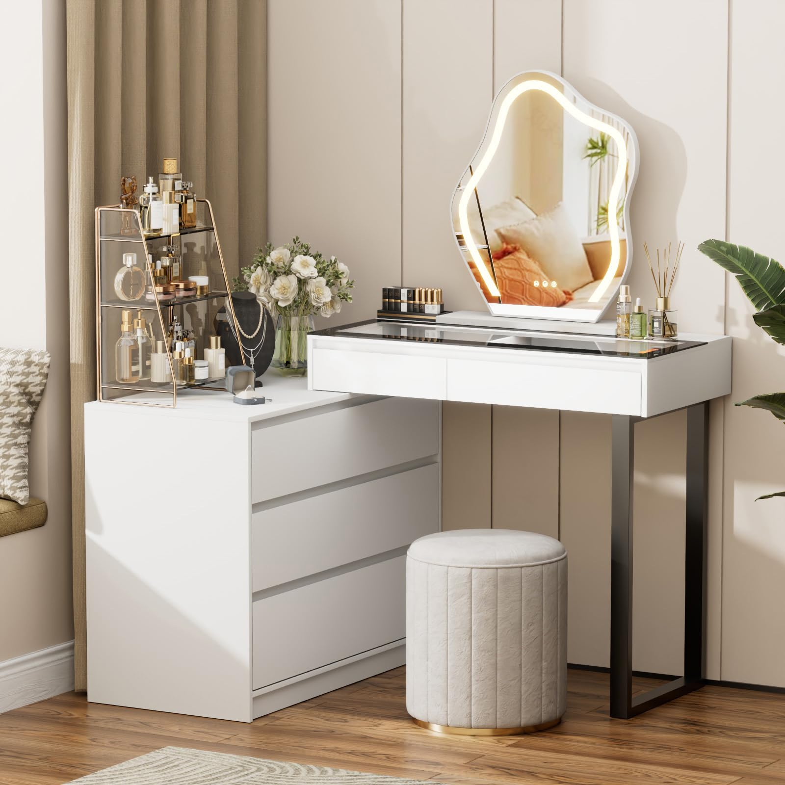 ドレッサー・鏡台 KARE Dressing Table Vanity 102x47cm BROTTAR Corner Makeup Vanity Desk with Mirror and Lights, 58